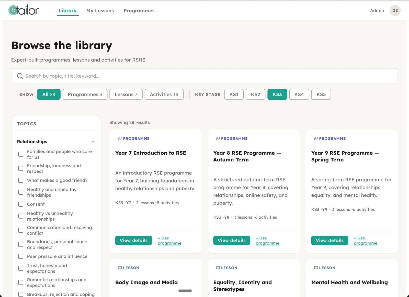 Screenshot of the Tailor Teach lesson interface