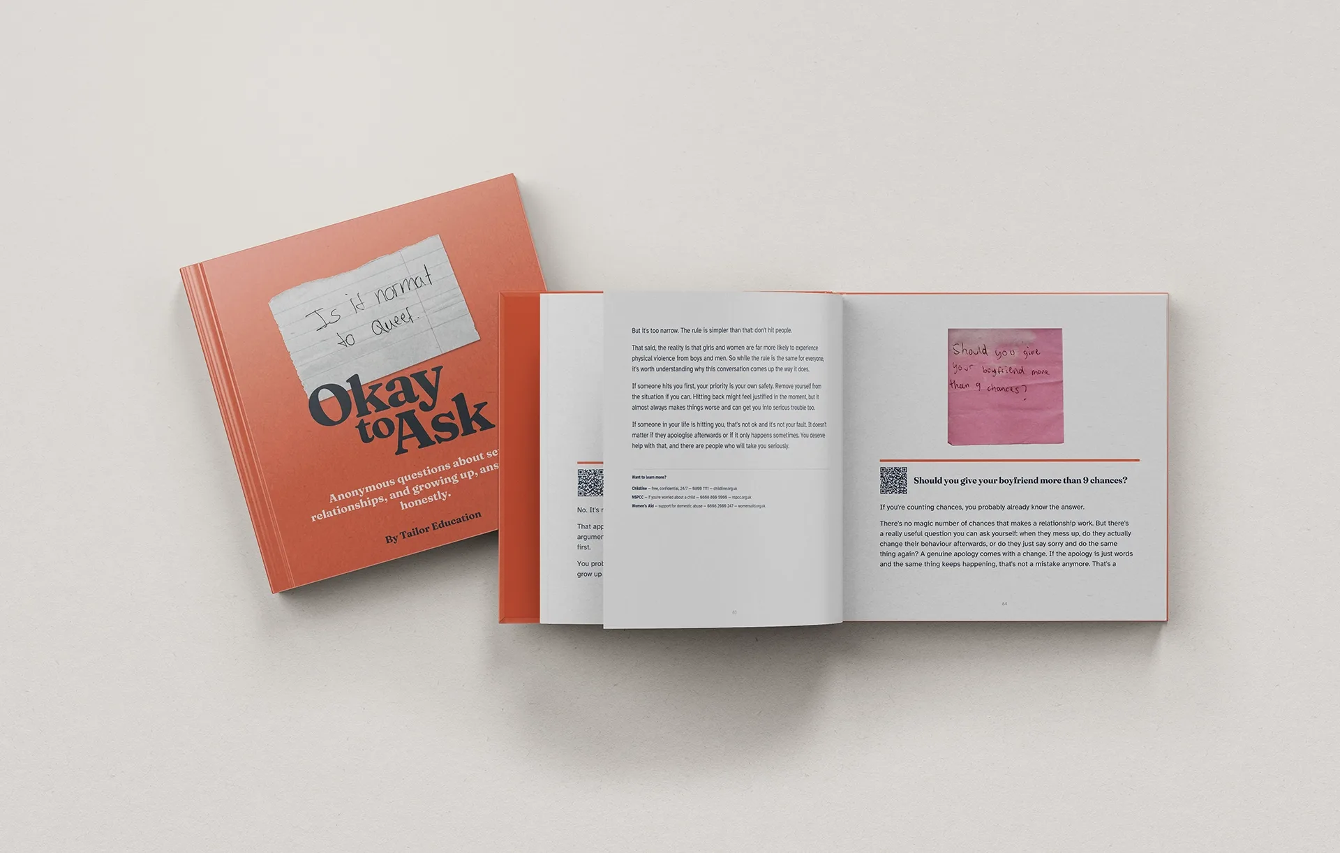 The Okay to Ask book — closed cover alongside an open spread showing a handwritten post-it question and its answer