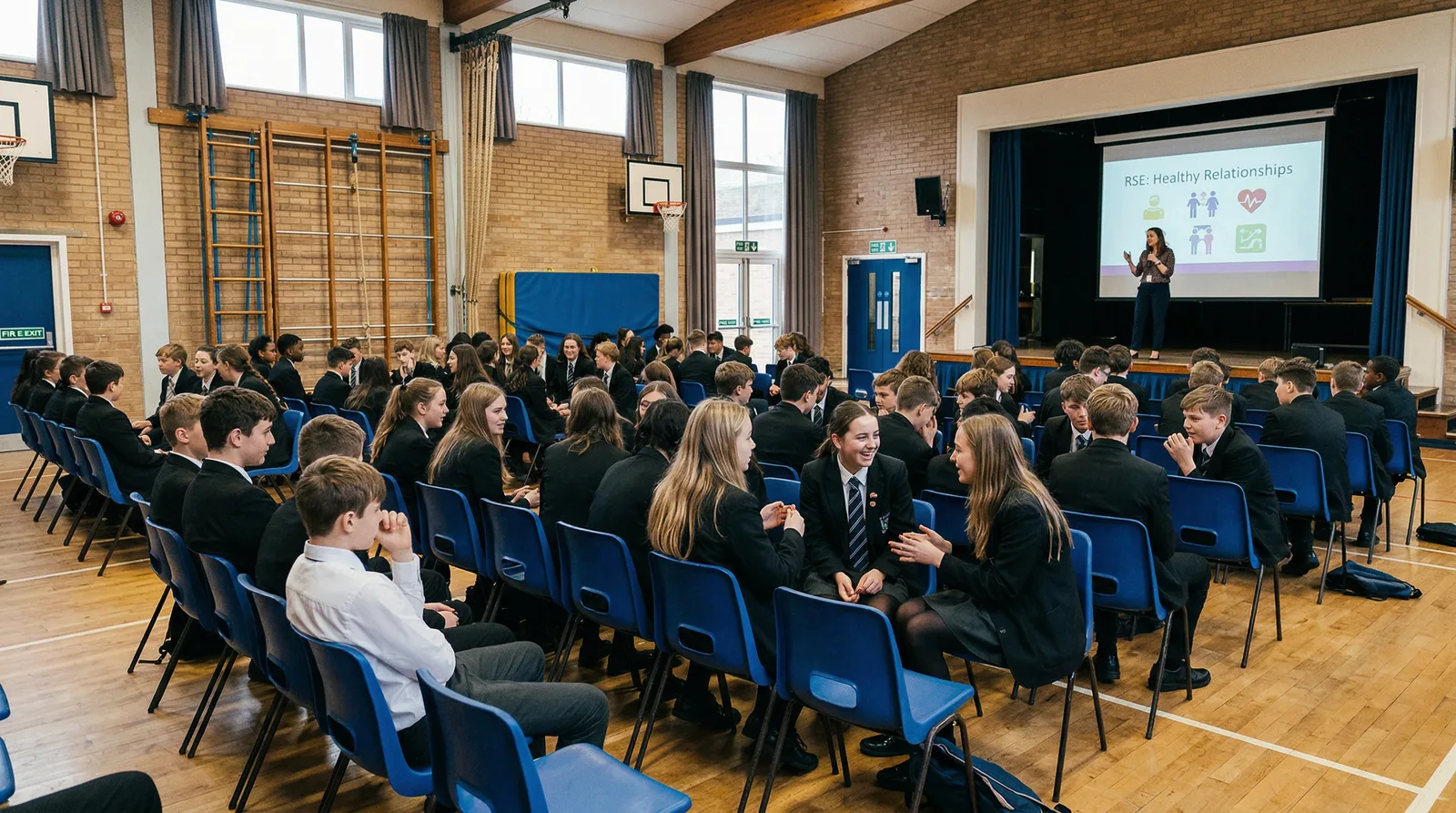 A whole year group gathered in the school hall for a Tailor drop day RSE session