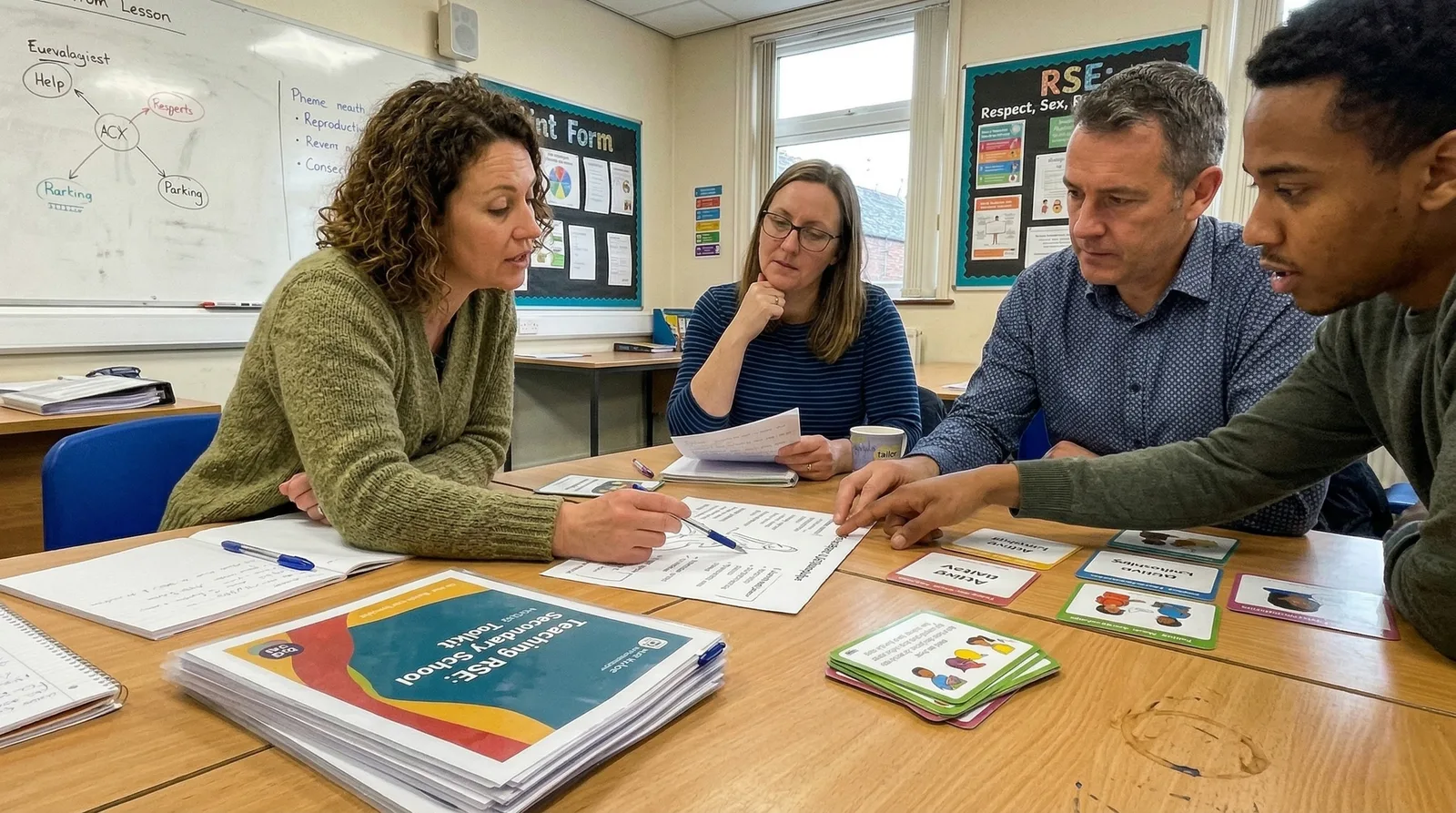 Teachers and a Tailor consultant planning an RSE curriculum around a table